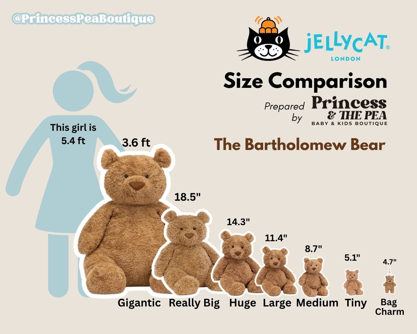 Jellycat Bartholomew Bear Sizes Comparison - Princess and the Pea Boutique