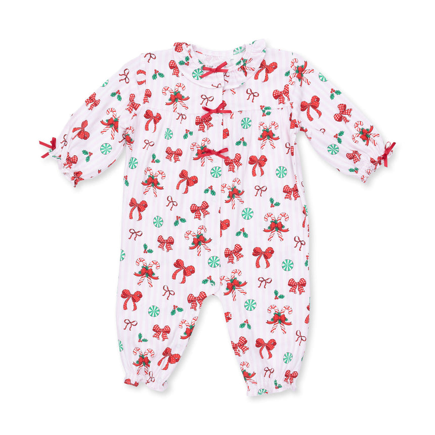 Angel Dear Long Sleeve Ruffle Collar Romper - Bows & Candy Canes