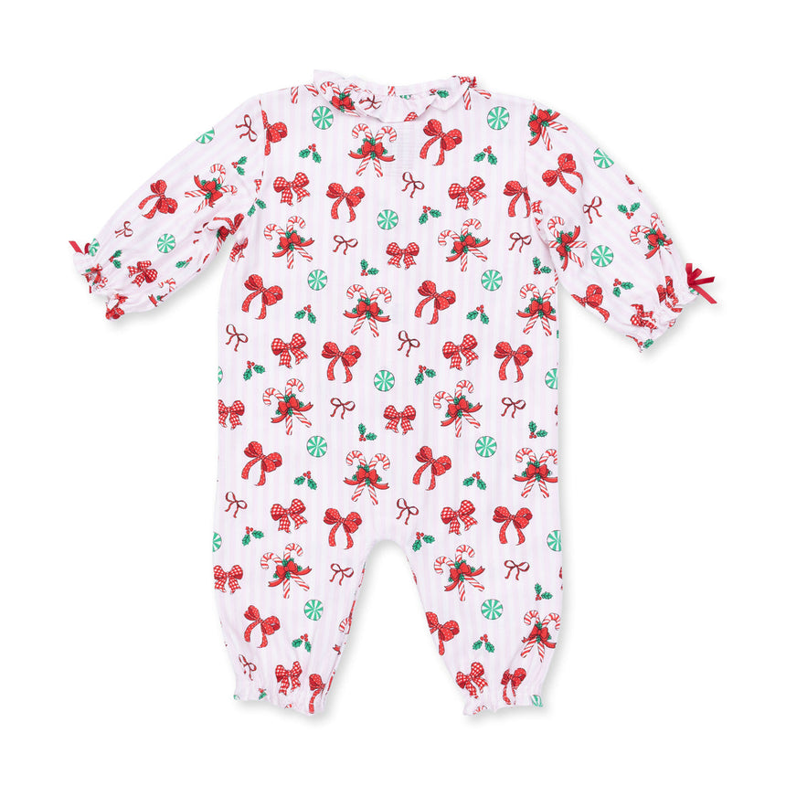 Angel Dear Long Sleeve Ruffle Collar Romper - Bows & Candy Canes