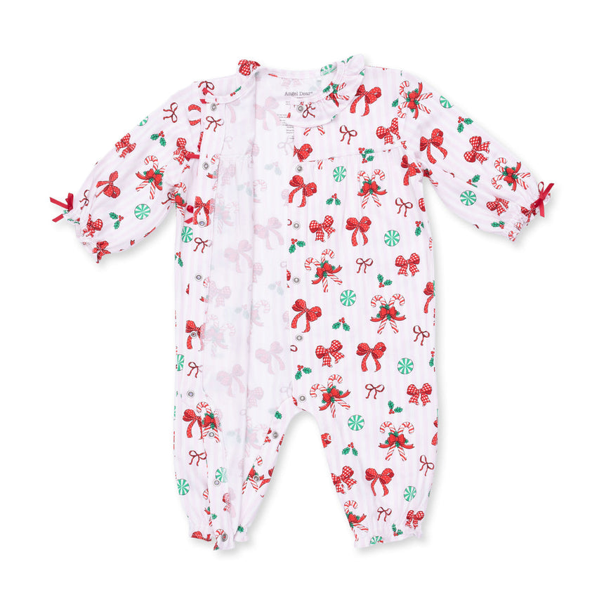 Angel Dear Long Sleeve Ruffle Collar Romper - Bows & Candy Canes