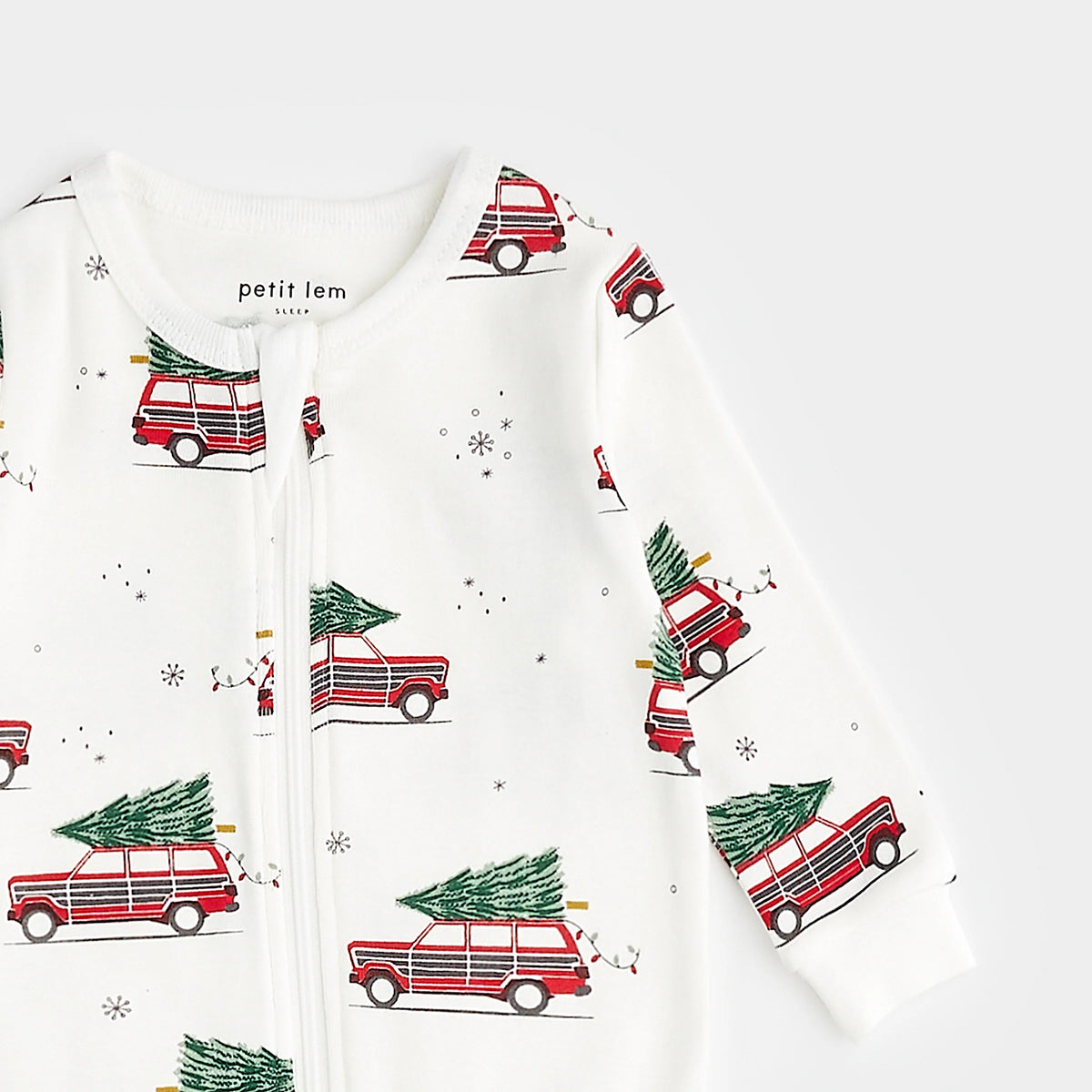 Petit Lem Festive Cars Print on Off-White Sleeper