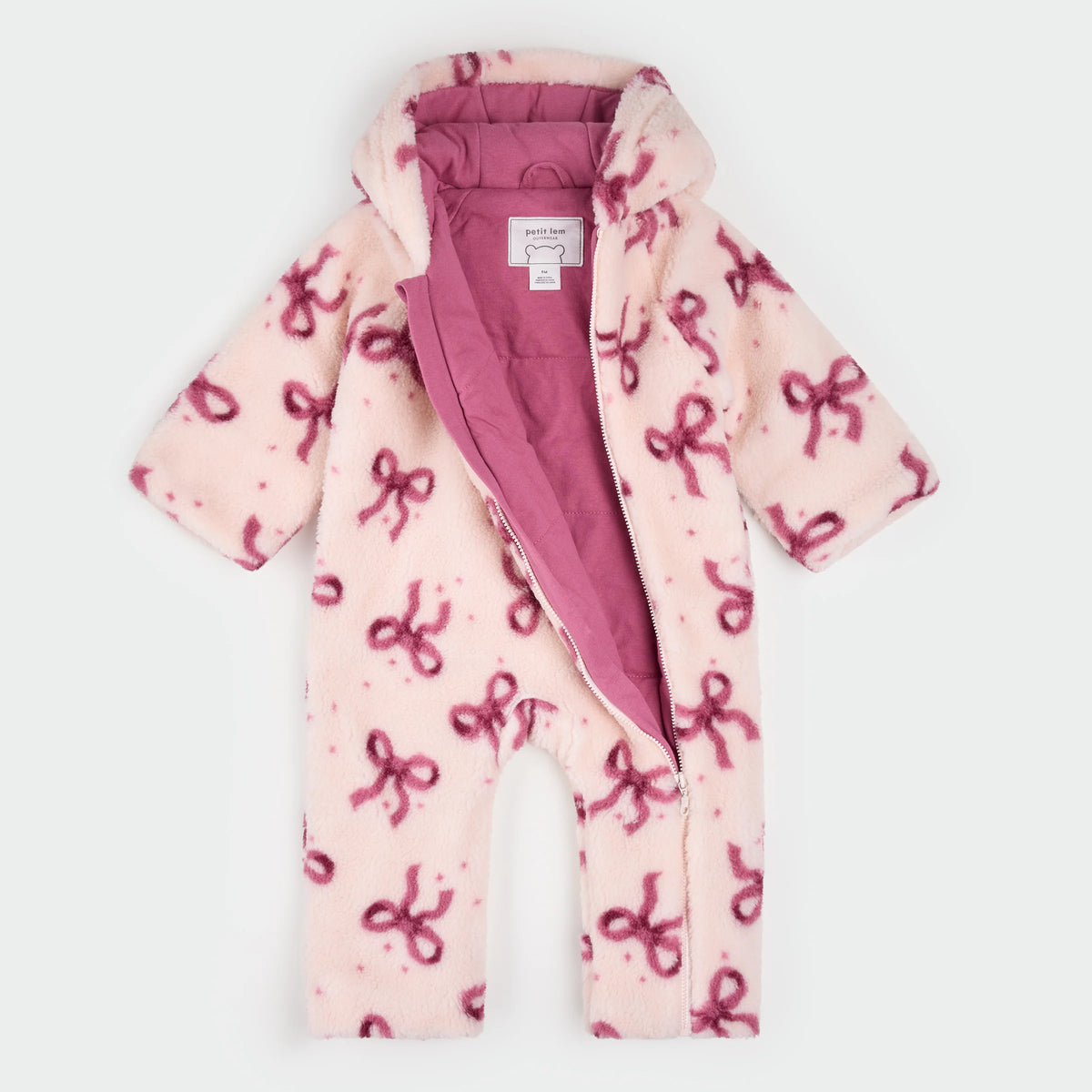 Petit Lem Bow Print on Soft Pink Sherpa Hooded Bunting Playsuit