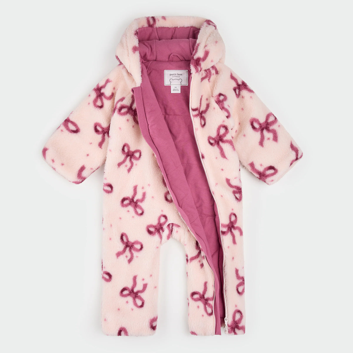 Petit Lem Bow Print on Soft Pink Sherpa Hooded Bunting Playsuit