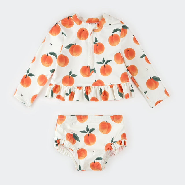 Petit Lem Peaches Print on Off-White Long-Sleeve Rashguard Set