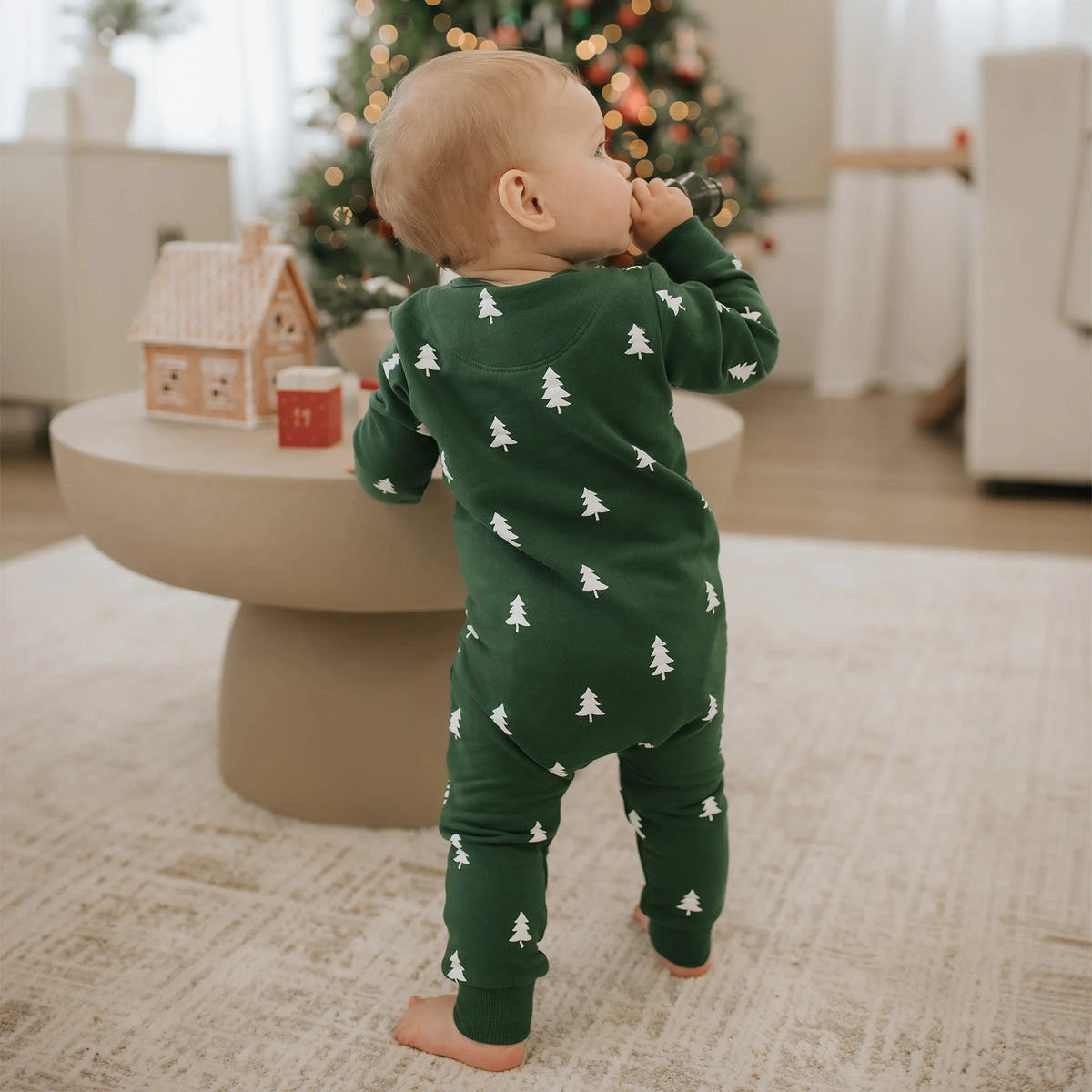 Petit Lem Pine Tree Print on Spruce Fleece Playsuit