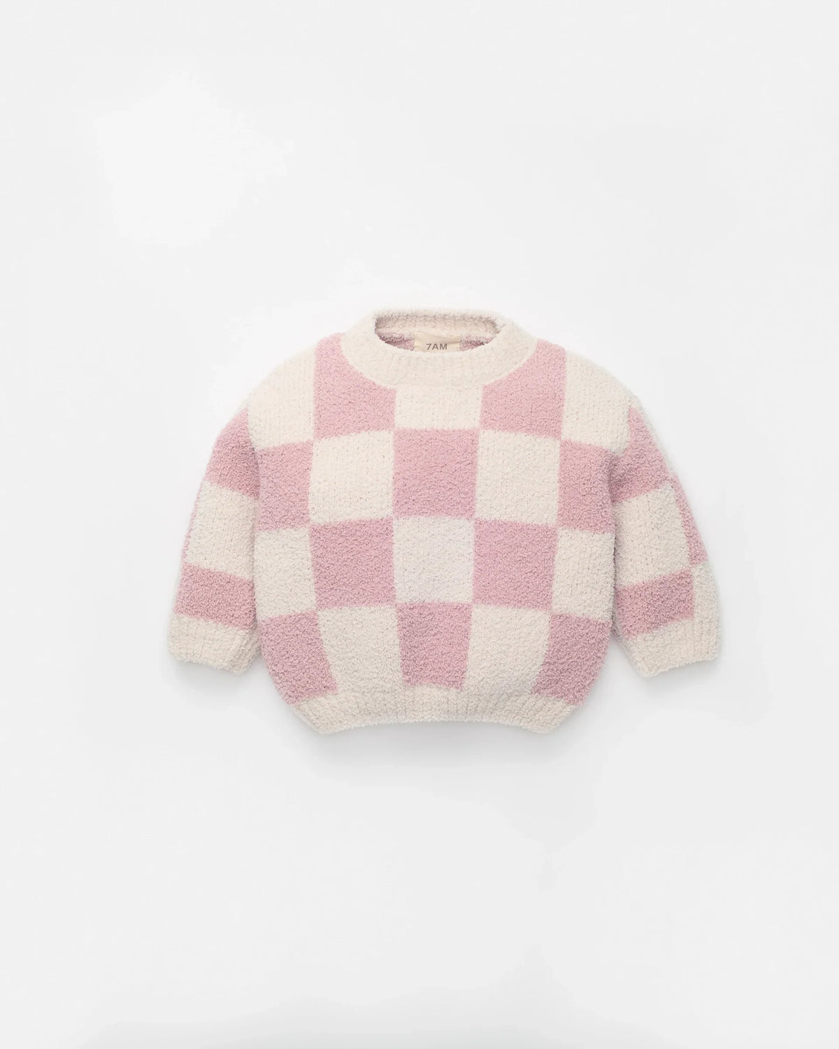 7AM Enfant Boxy Sweater - Checkers Fuzzy Ecru Ash Rose - Princess and the Pea Boutique