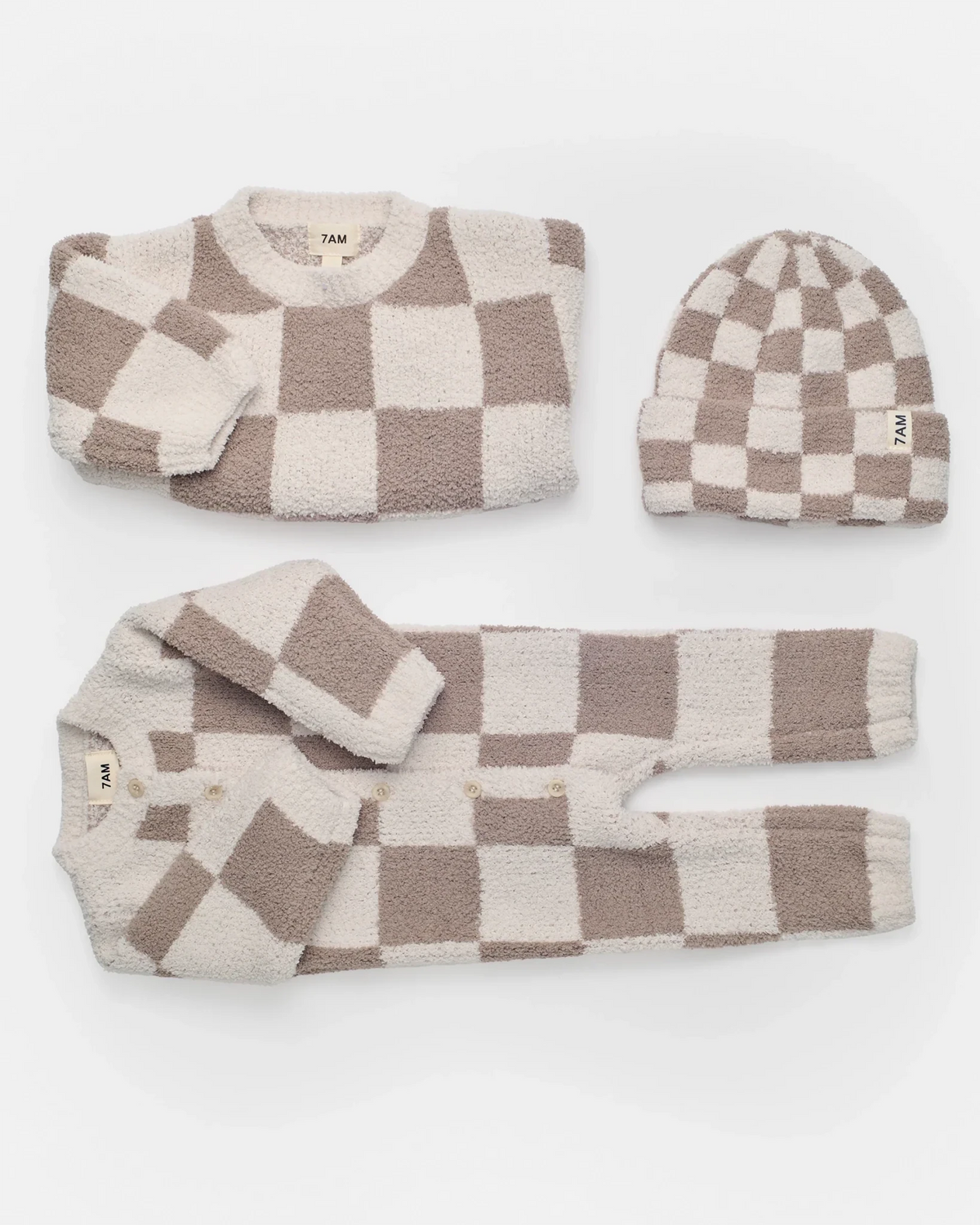 7AM Enfant Beanie - Checkers Fuzzy Ecru Taupe - Princess and the Pea Boutique