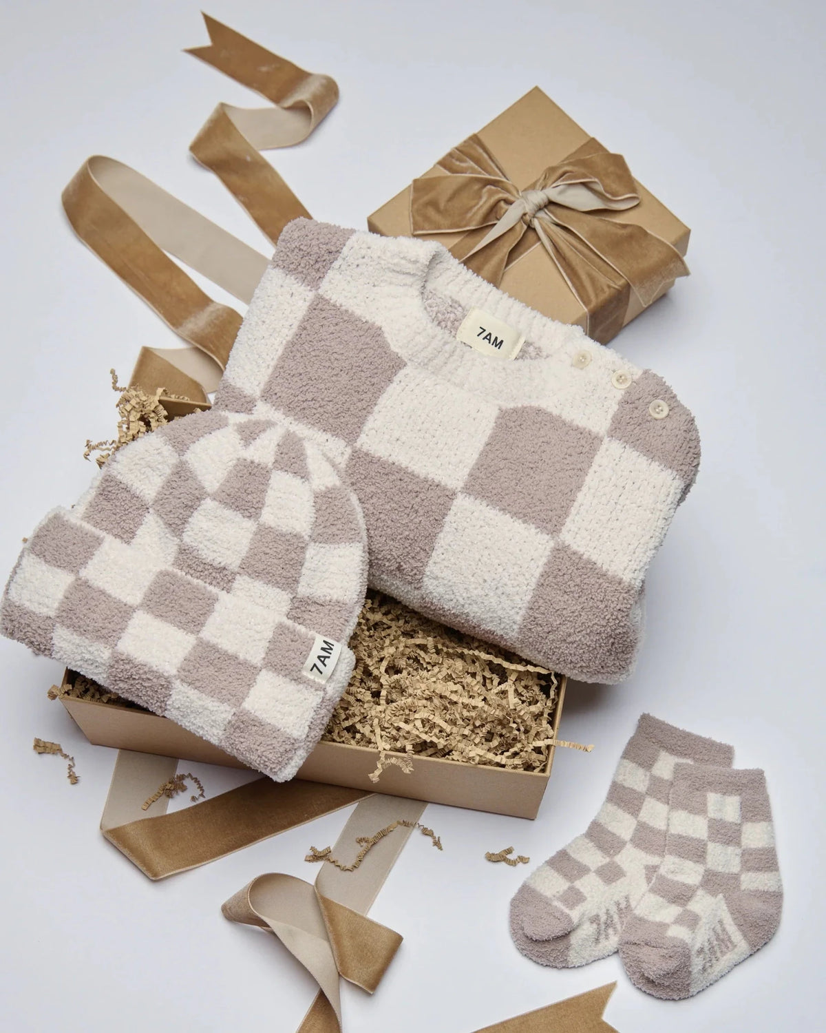 7AM Enfant Beanie - Checkers Fuzzy Ecru Taupe - Princess and the Pea Boutique