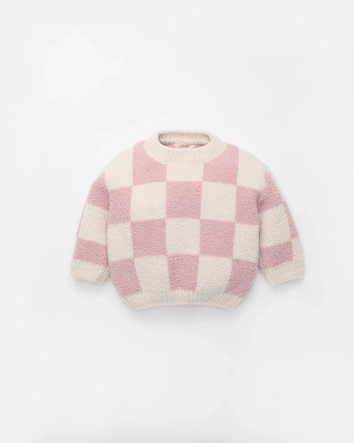 7AM Enfant Boxy Sweater - Checkers Fuzzy Ecru Ash Rose - Princess and the Pea Boutique