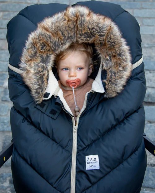 7AM Enfant Car Seat Cocoon - Tundra Black Faux Fur - Princess and the Pea Boutique