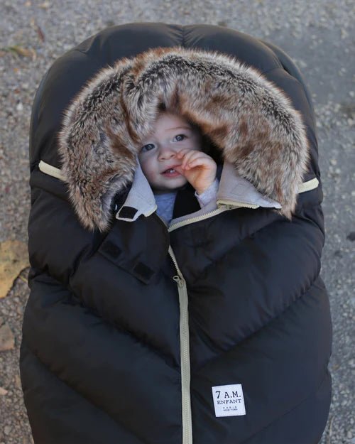 7AM Enfant Car Seat Cocoon - Tundra Black Faux Fur - Princess and the Pea Boutique