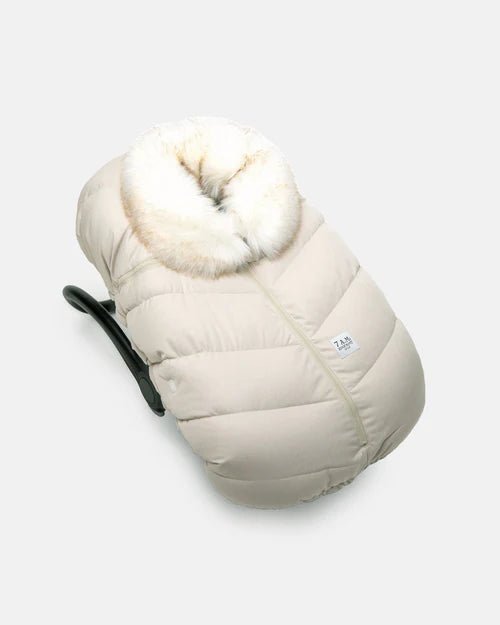7AM Enfant Car Seat Cocoon - Tundra Heather Beige - White Faux Fur - Princess and the Pea Boutique