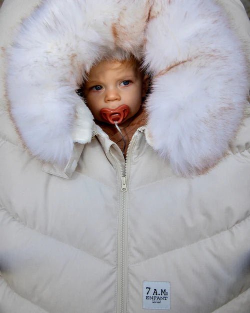 7AM Enfant Car Seat Cocoon - Tundra Heather Beige - White Faux Fur - Princess and the Pea Boutique