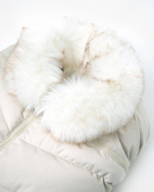 7AM Enfant Car Seat Cocoon - Tundra Heather Beige - White Faux Fur - Princess and the Pea Boutique