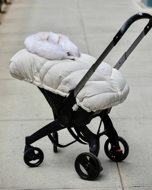 7AM Enfant Car Seat Cocoon - Tundra Heather Beige - White Faux Fur - Princess and the Pea Boutique