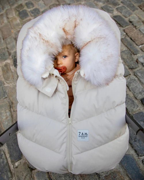 7AM Enfant Car Seat Cocoon - Tundra Heather Beige - White Faux Fur - Princess and the Pea Boutique