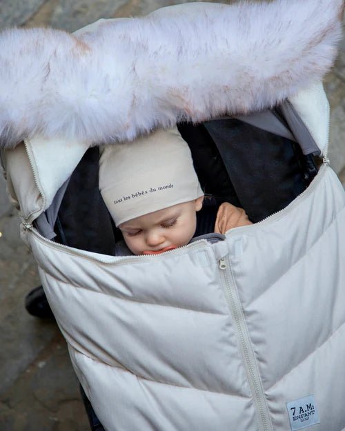7AM Enfant Car Seat Cocoon - Tundra Heather Beige - White Faux Fur - Princess and the Pea Boutique