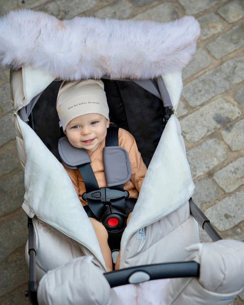 7AM Enfant Car Seat Cocoon - Tundra Heather Beige - White Faux Fur - Princess and the Pea Boutique