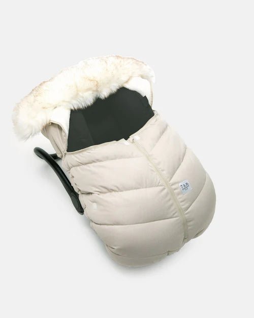 7AM Enfant Car Seat Cocoon - Tundra Heather Beige - White Faux Fur - Princess and the Pea Boutique