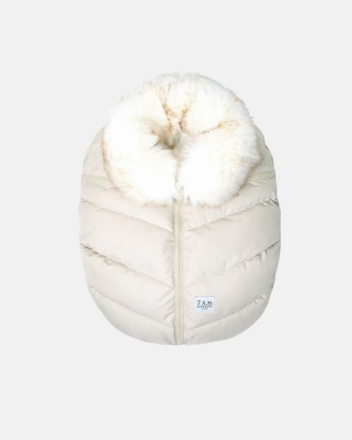 7AM Enfant Car Seat Cocoon - Tundra Heather Beige - White Faux Fur - Princess and the Pea Boutique