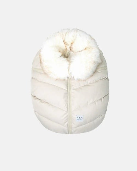 7AM Enfant Car Seat Cocoon - Tundra Heather Beige - White Faux Fur - Princess and the Pea Boutique