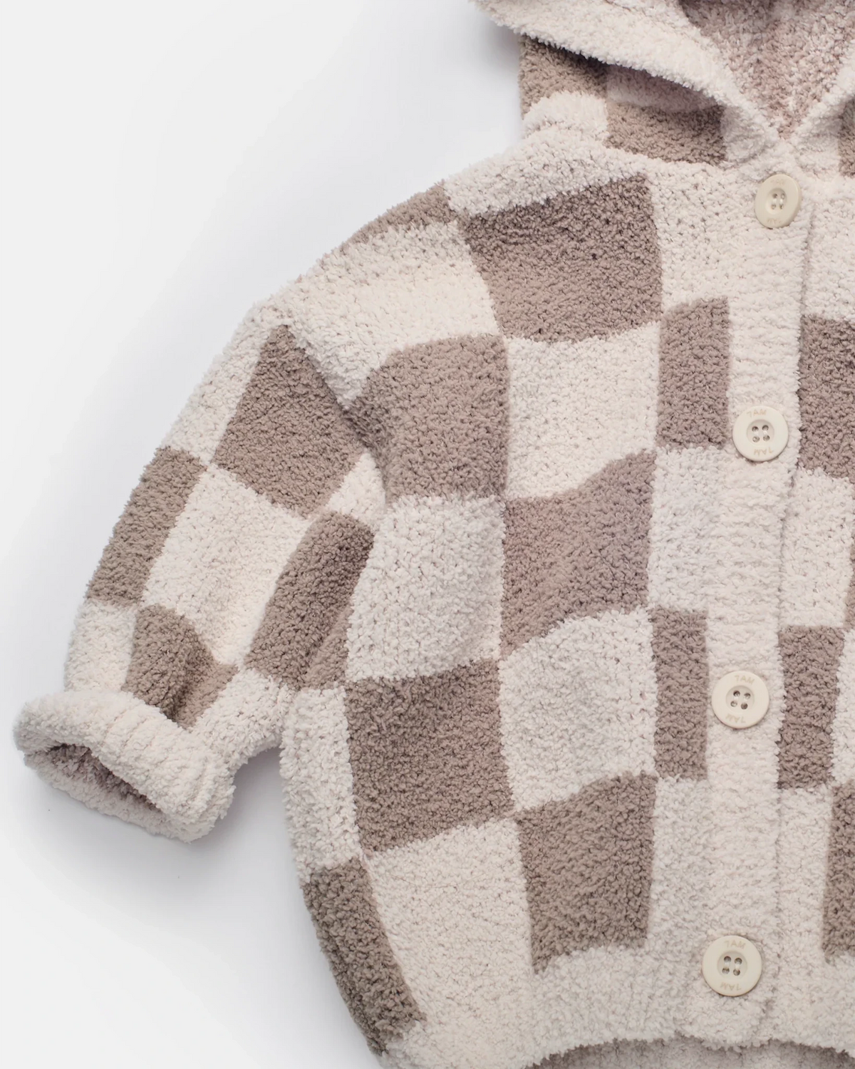 7AM Enfant Hooded Cardigan - Checkers Fuzzy Ecru Taupe - Princess and the Pea Boutique