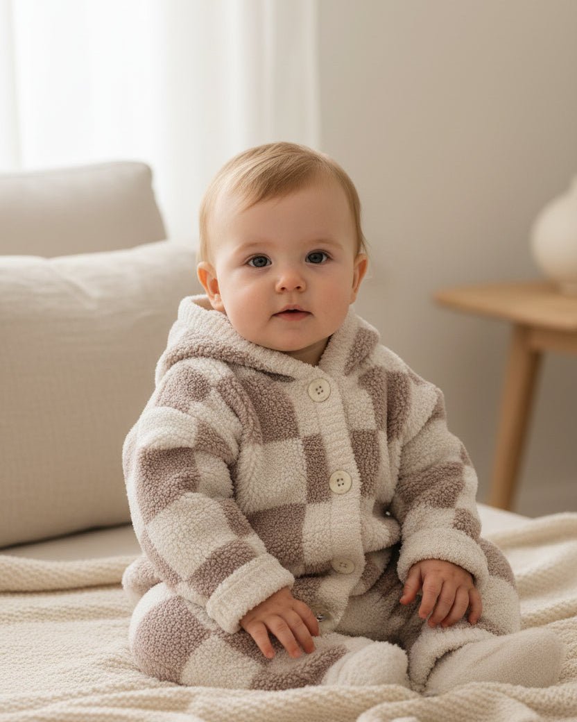 7AM Enfant Hooded Cardigan - Checkers Fuzzy Ecru Taupe - Princess and the Pea Boutique
