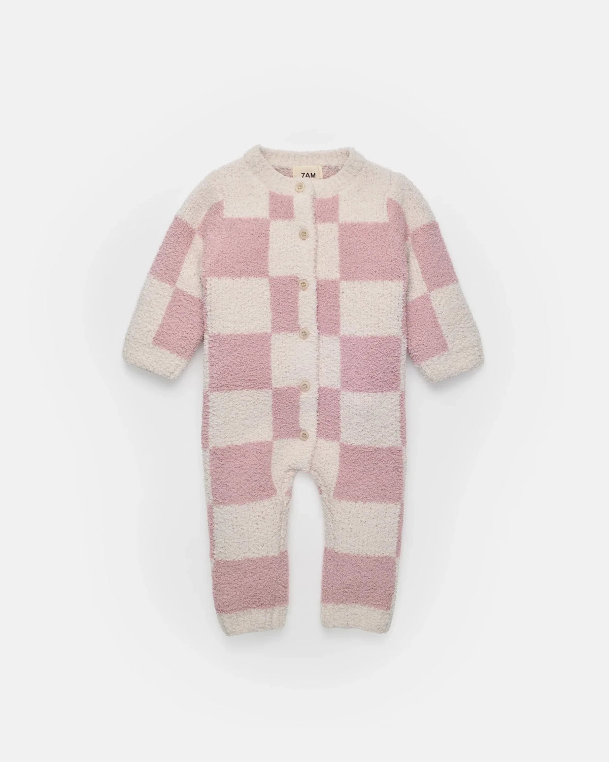 7AM Enfant Long Sleeve Jumpsuit - Checkers Fuzzy Ecru Ash Rose - Princess and the Pea Boutique