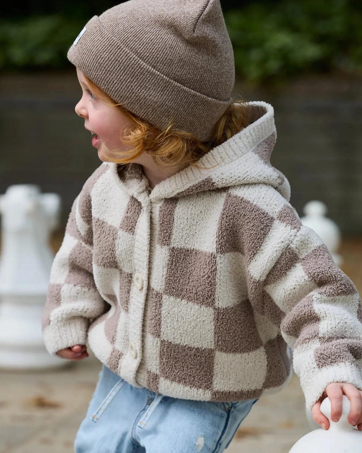 7AM Enfant Hooded Cardigan - Checkers Fuzzy Ecru Taupe - Princess and the Pea Boutique