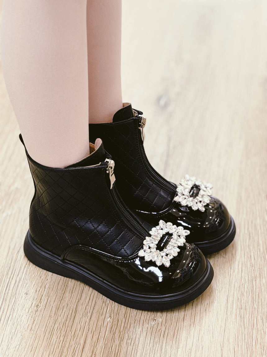 Quilted Crystal Bow Winter Boots – Black