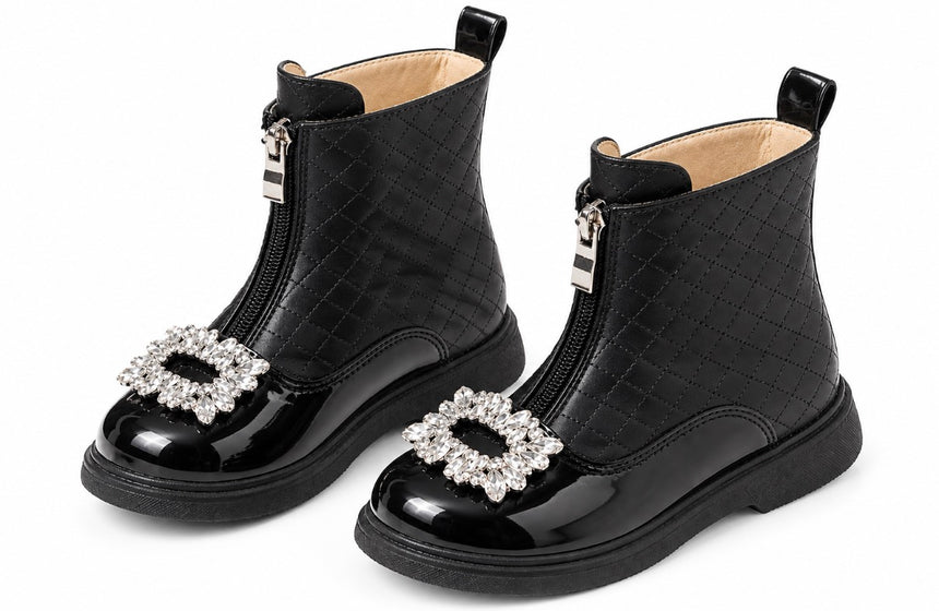 Quilted Crystal Bow Winter Boots – Black