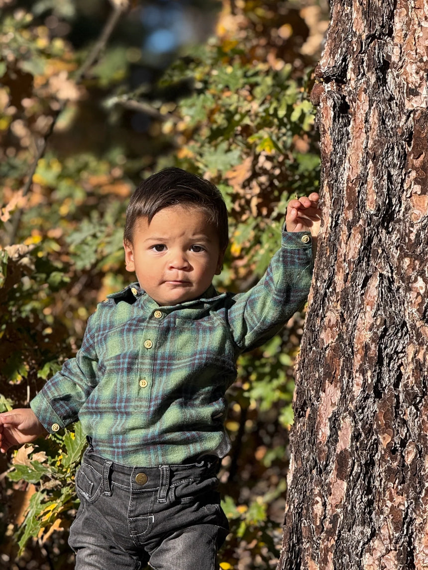 Me & Henry JASPER Green/Teal Plaid Woven Onesie