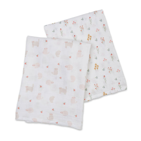 Lulujo Kitty Cat & Flower Field - Cotton Swaddle 2 Pack