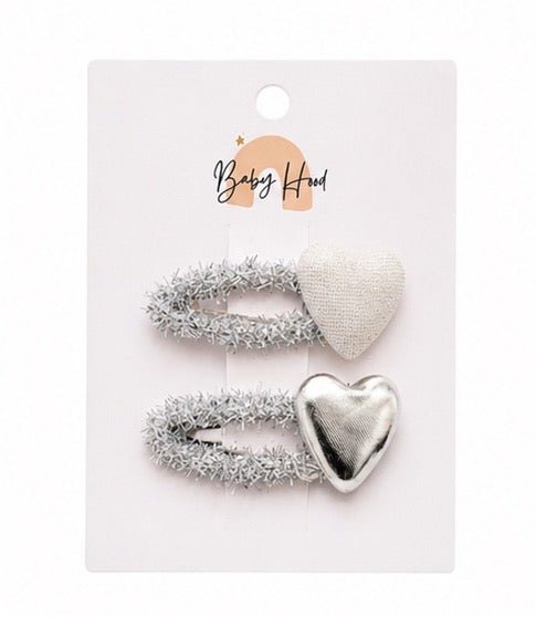 Baby Hood Glitter Silver Heart Snap Hair Clip Duo - Princess and the Pea Boutique