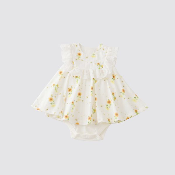 Blara Organic Sleeveless Lace Accented Bodysuit - Sunflower Fields - Princess and the Pea Boutique