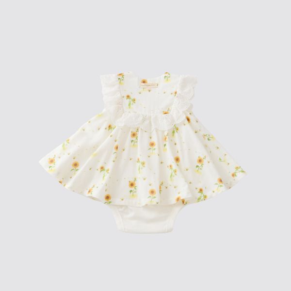Blara Organic Sleeveless Lace Accented Bodysuit - Sunflower Fields - Princess and the Pea Boutique