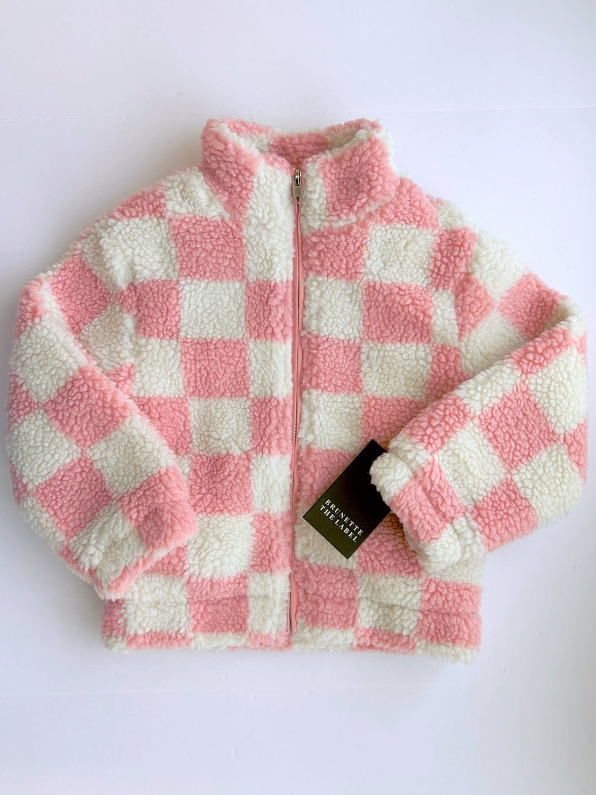 Brunette The Label Checkerboard Sherpa Jacket - Pink/White - Princess and the Pea Boutique