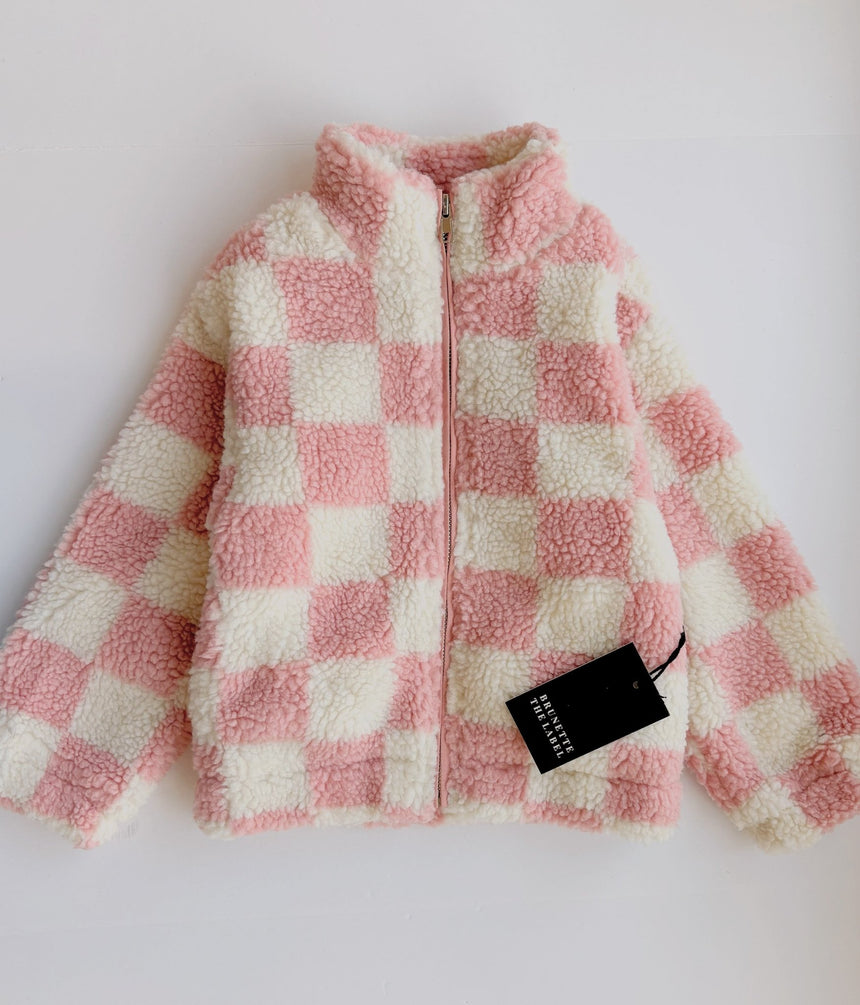 Brunette The Label Checkerboard Sherpa Jacket - Pink/White - Princess and the Pea Boutique