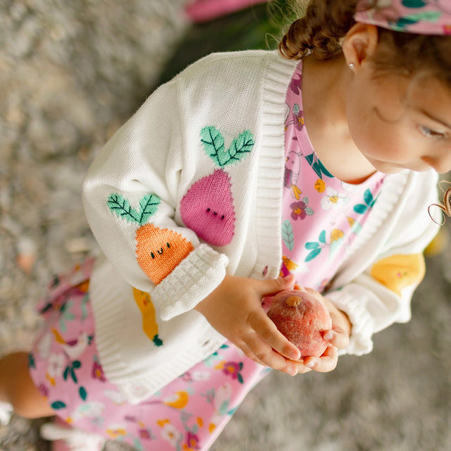 Cream knit cardigan with fruit patterns, baby - Princess and the Pea Boutique