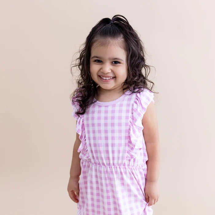 Kyte Baby Bubble Romper in Gingham Thistle - Princess and the Pea Boutique