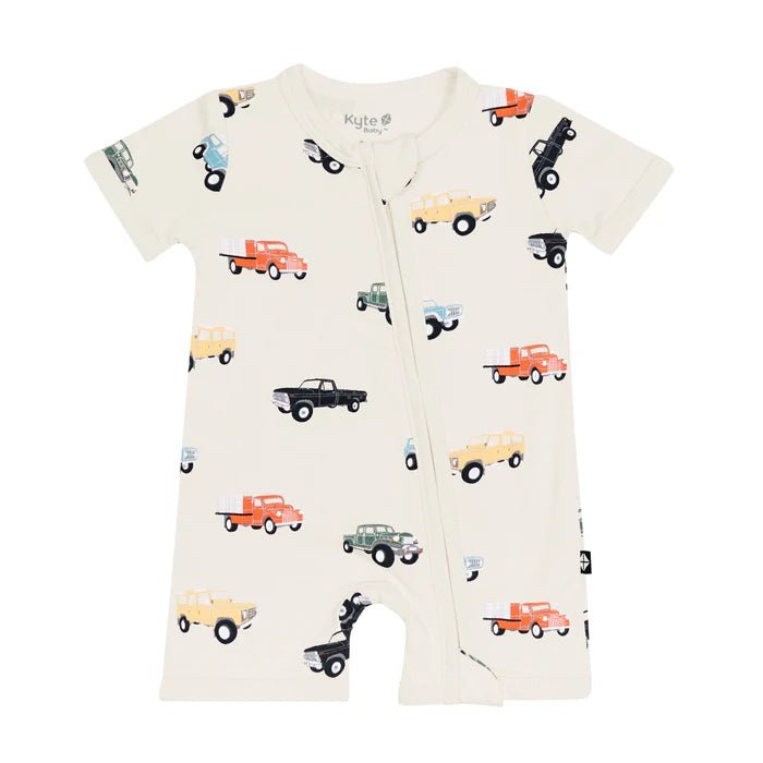 Kyte Baby Zippered Shortall Romper in Vintage Truck - Princess and the Pea Boutique