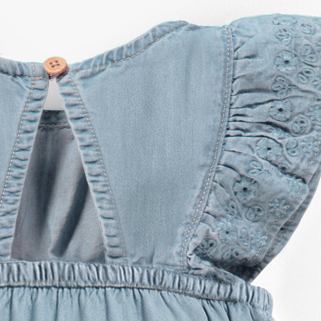 Light blue denim romper with broderie anglaise - Princess and the Pea Boutique