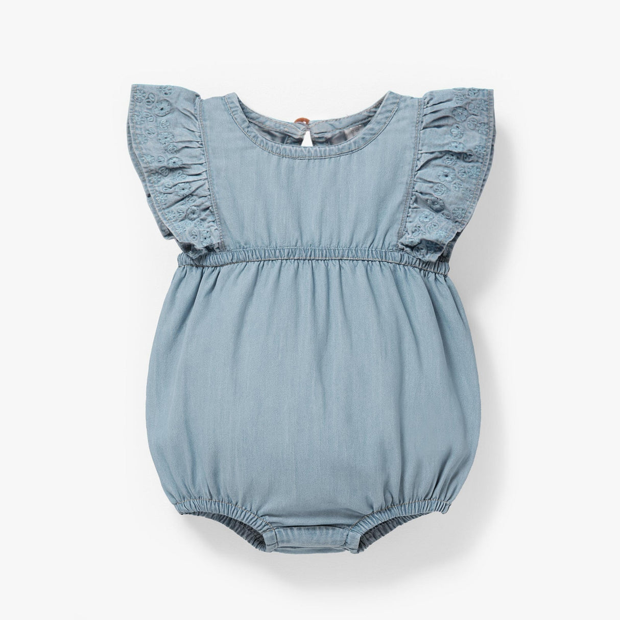 Light blue denim romper with broderie anglaise - Princess and the Pea Boutique