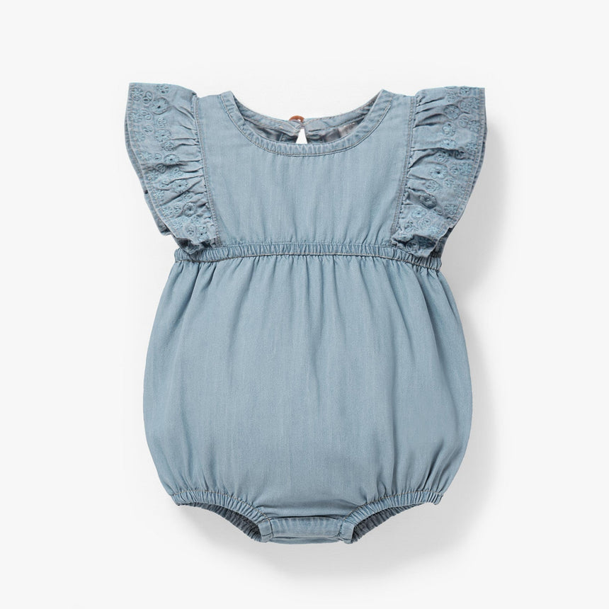 Light blue denim romper with broderie anglaise - Princess and the Pea Boutique