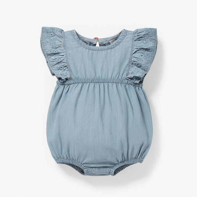 Light blue denim romper with broderie anglaise - Princess and the Pea Boutique
