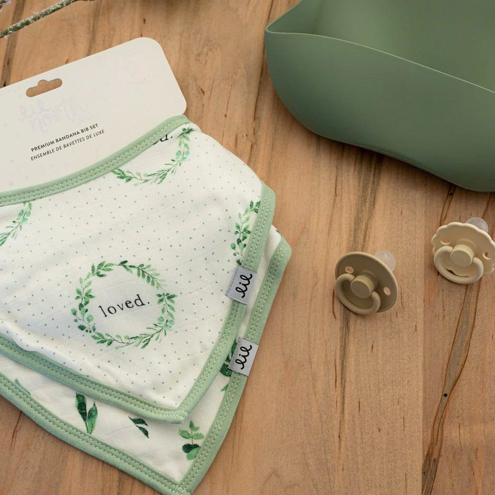 Lil North Co. Muslin Bandana Bib Set – Foliage & Loved Wreath - Princess and the Pea Boutique