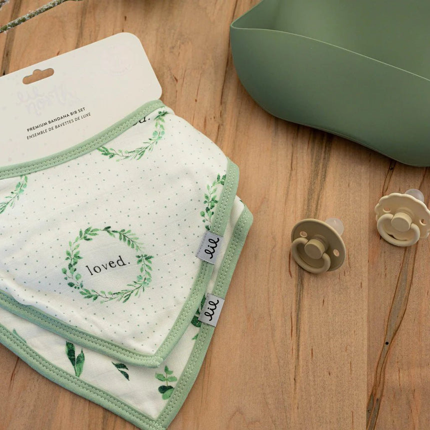 Lil North Co. Muslin Bandana Bib Set – Foliage & Loved Wreath - Princess and the Pea Boutique