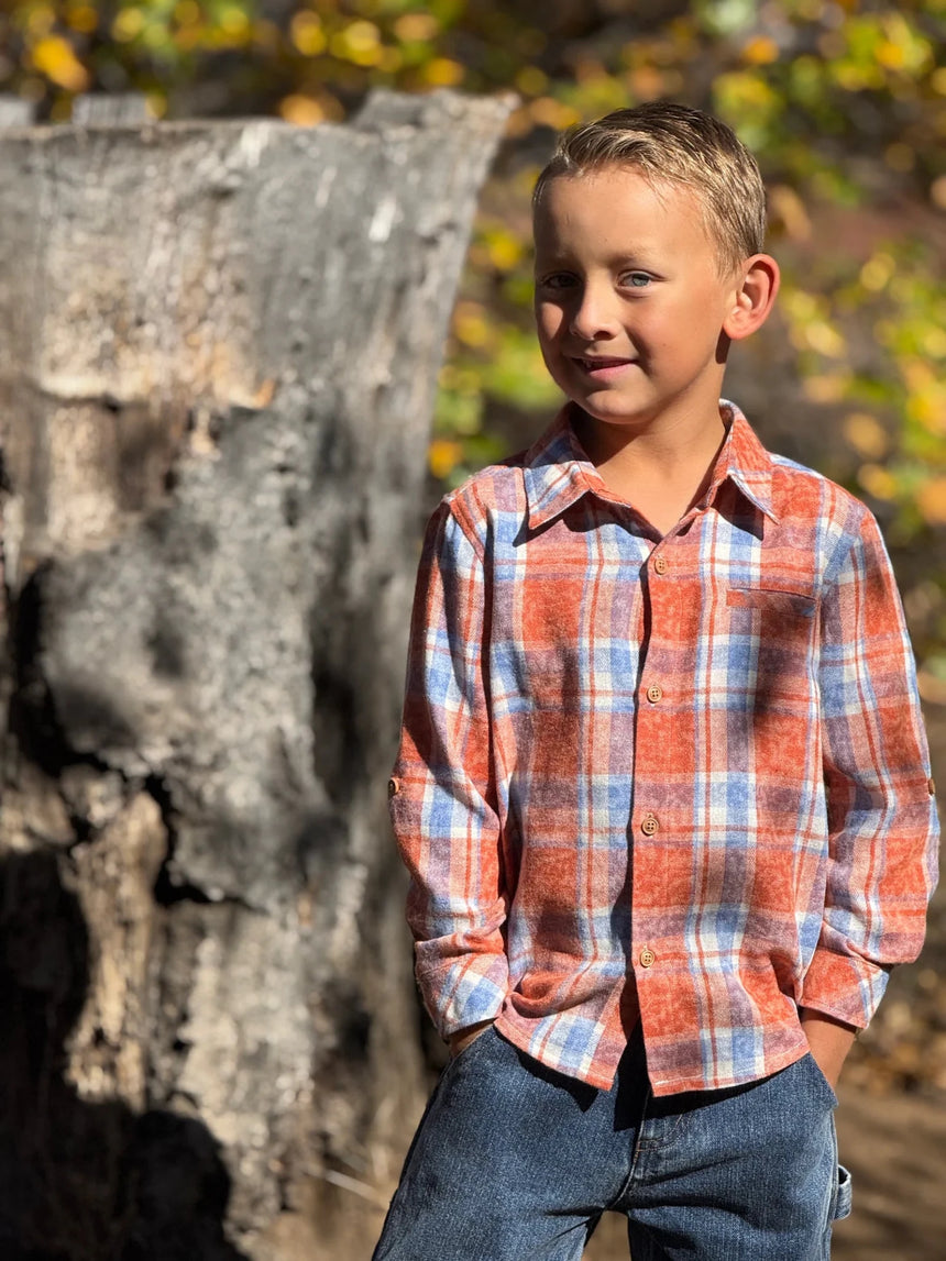 Me & Henry ATWOOD woven shirt rust/blue washed plaid - Princess and the Pea Boutique