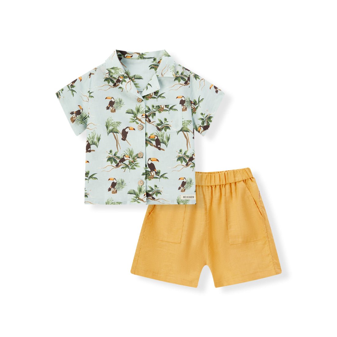 Milkbarn Blue Sky Toucan Linen Button - Up Shirt and Shorts Set - Princess and the Pea Boutique