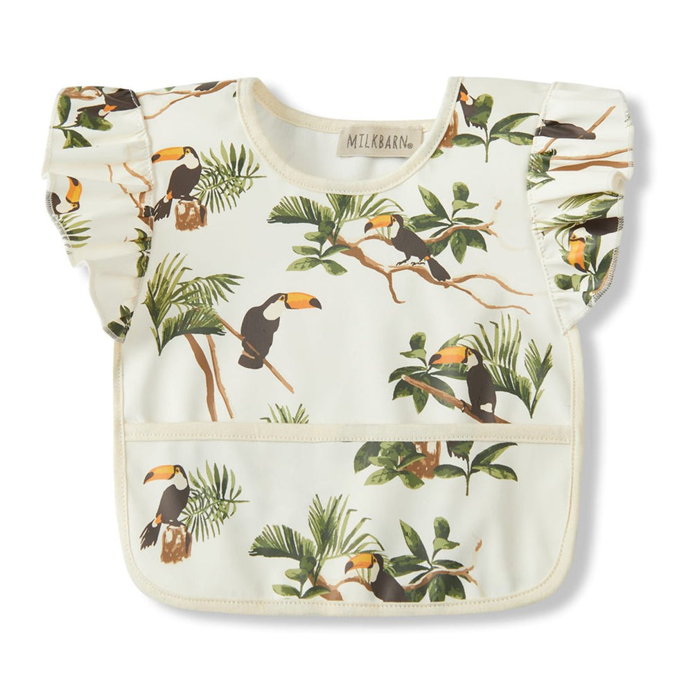 Milkbarn White Toucan Ruffle Pocket Bib - Princess and the Pea Boutique